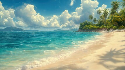 Tropical beach with white sand, turquoise water and palm trees on a sunny day.