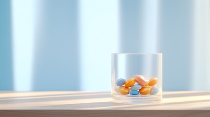 Half-Filled Glass with Vibrant Pills in Soft Morning Light - Serene and Natural Vibe on a Wooden Desk for Wellness and Tranquility