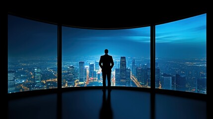 Fototapeta premium Businessman silhouetted against a city skyline at night, modern office view.