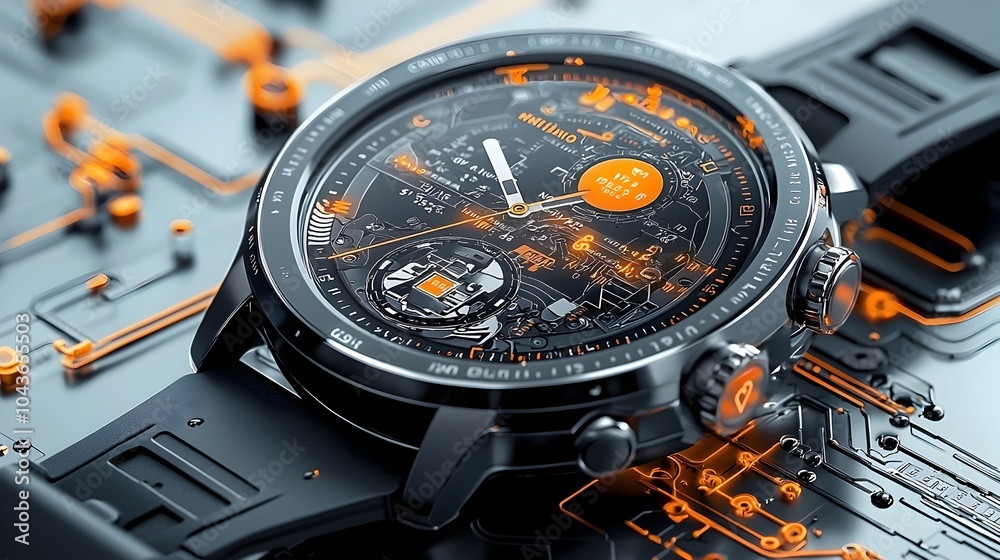 Poster Detailed cross section showcasing the internal components and technology behind a high tech smartwatch including modules battery cells