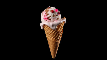 Cornets de glace et sorbets au parfum fruits rouges , fruits des bois et feuilles de menthe, boules de diff&eacute;rentes couleurs et saveurs A row of six decadent ice cream sundaes with various toppings 
