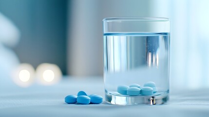 Calming Night Routine Refreshing Glass of Water with Blue and White Pills Under Soft Bedside Light - Evening Wellness Ritual