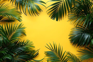 Obraz premium Green palm leaves on a yellow background