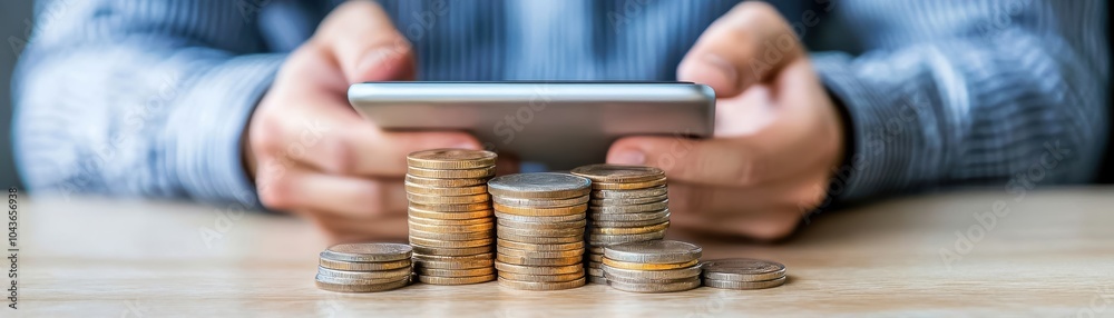 Wall mural person using smartphone with stacks of coins on a table, financial technology concept