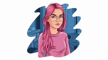 Fototapeta premium PinkHaired Woman in Glasses with a Blue Background