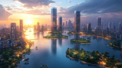 Fototapeta premium A breathtaking view captures the modern city skyline at sunset, surrounded by tranquil waters and green islands, blending urban life with nature's beauty.