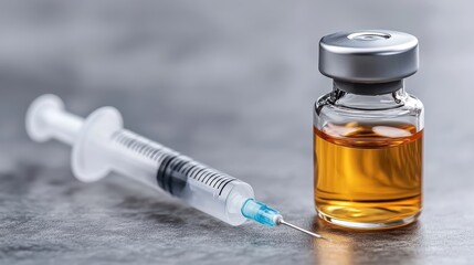Syringe and vial with orange liquid on a textured surface, white isolate background