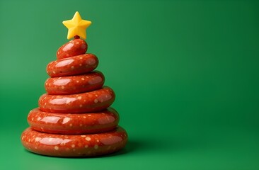 Different types of sausages arranged in the shape of a Christmas tree with a star on top on a green background, a festive and creative concept for festive celebrations.