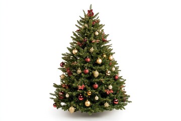 Fototapeta premium Closeup of lush green Christmas tree decorated with colorful balls and red bows.