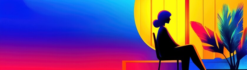 Silhouette of a person sitting by a colorful window with plants.