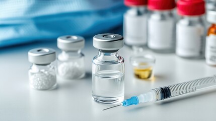 Syringe with vaccine, vials in the background, sterile medical environment