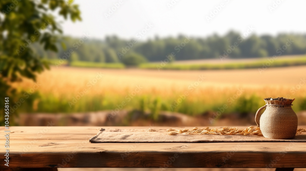 Wall mural mock-up with empty wood table top on blurred wheat landscape background empty wooden table top for p