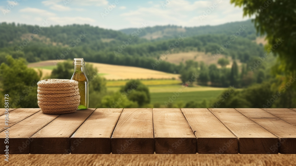 Wall mural mock-up with empty wood table top on blurred wheat landscape background empty wooden table top for p