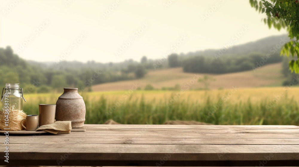 Wall mural mock-up with empty wood table top on blurred wheat landscape background empty wooden table top for p