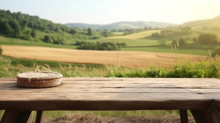 Fototapeta premium Mock-up with empty wood table top on blurred wheat landscape background Cups and tea on the table with a view of rice fields and grass in the morning as the sun rises