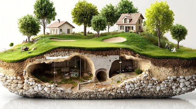 Detailed cross sectional view of a well engineered golf course showcasing the intricate underground systems that support the lush green surfaces and strategically placed bunkers above
