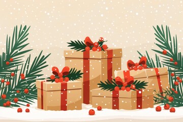 Christmas presents stacked with red ribbons and pine branches surrounded by snowflakes creating a festive holiday gift giving display