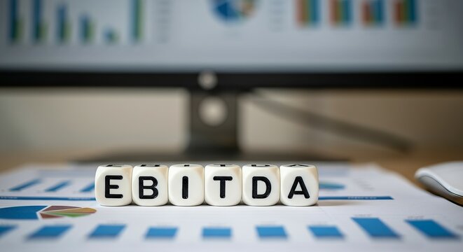 Financial analysis concept with ebitda blocks in office setting for business presentation
