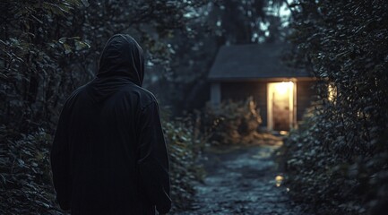 Fototapeta premium A shadowy figure stands outside a lit house at night, contemplating the mystery of the illuminated home and its occupants