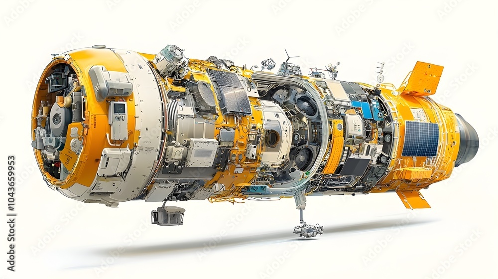 Aufkleber Detailed cutaway diagram showcasing the internal components and systems of an advanced communication satellite orbiting in space including communication modules solar panels and battery systems
