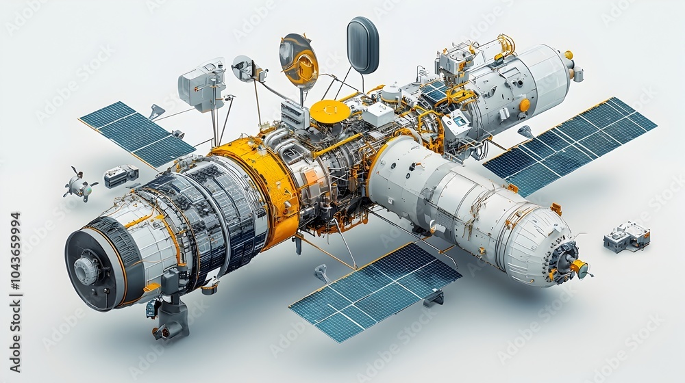 Aufkleber detailed cutaway diagram showcasing the internal structure and components of an advanced space satel