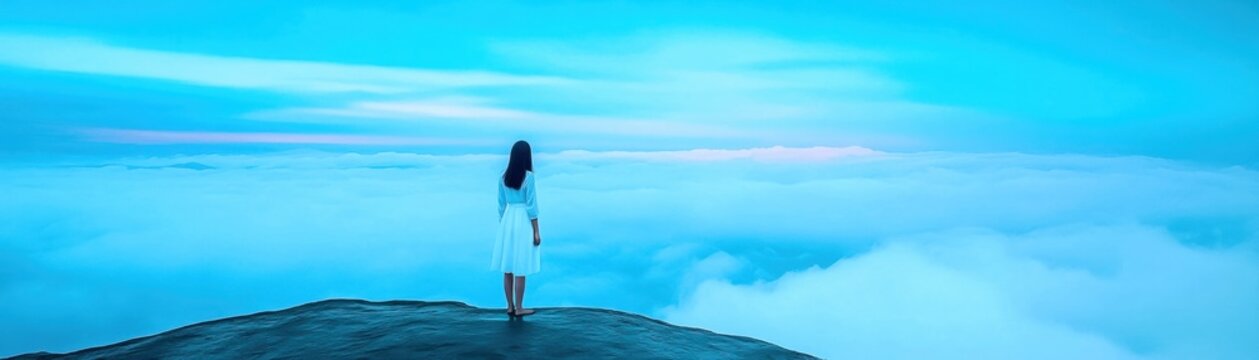 Woman standing on a mountain peak above the clouds in a blue sky.