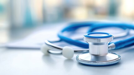 Stethoscope on a table, medical equipment, white isolate background
