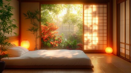 A simple and minimalist bedroom with Japanese-style sliding doors, wooden floors, soft white lighting from lamps, and a floor Japanese futon on the ground