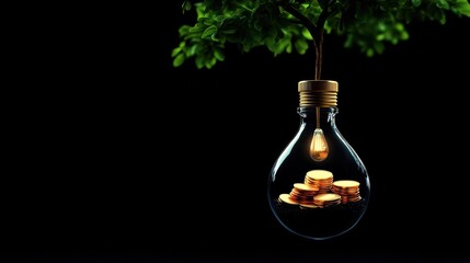 Light bulb with coins and a tree, isolated on black background.