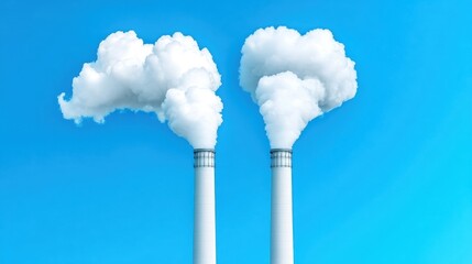 Fototapeta premium Industrial smokestacks emitting clouds against a clear blue sky.