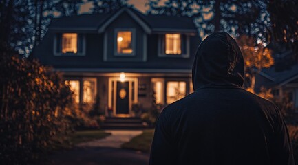 Fototapeta premium A shadowy figure stands outside a lit house at night, contemplating the mystery of the illuminated home and its occupants