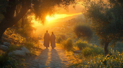 Road to Emmaus, two disciples walking with resurrected Jesus, evening light, ancient path, olive trees, emotional depth