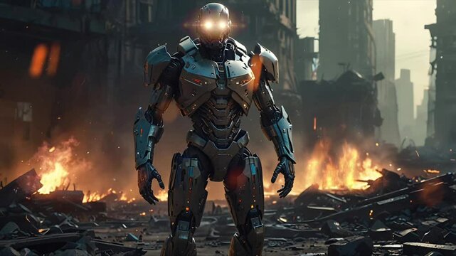 A robot on the battlefield. Seamless 4K looping timelapse video animation background
