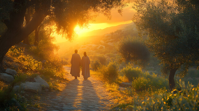Road to Emmaus, two disciples walking with resurrected Jesus, evening light, ancient path, olive trees, emotional depth