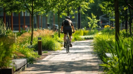 Cyclist riding through a modern urban park