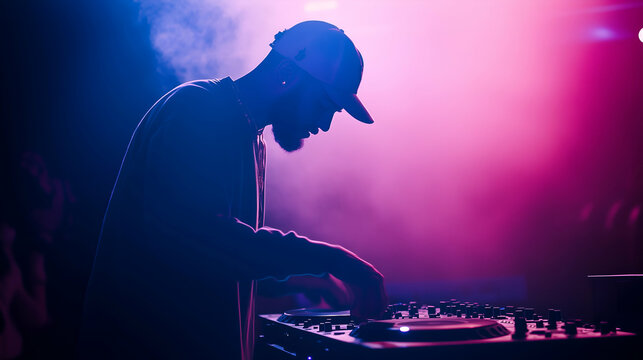DJ performing live set using professional DJ deck with vibrant lighting in a high-energy club environment