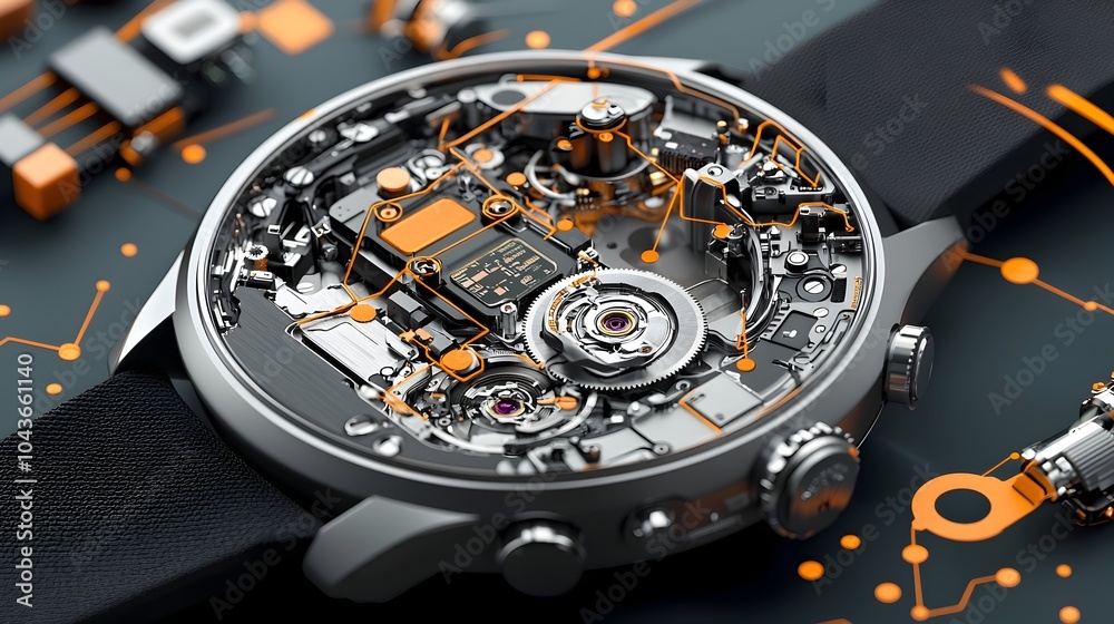 Poster detailed cutaway view of a smartwatch showcasing its internal electronics sensors and connectivity f