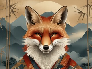 Obraz premium Fox illustration with a serene expression wearing traditional Japanese attire against a mountain background