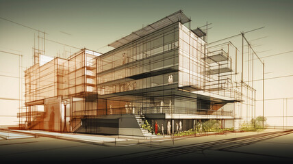 Building  building under construction  Industrial building wireframe rendering with architectural and construction details  


