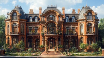 Fototapeta premium Elegant mansion with intricate architecture and lush surroundings.