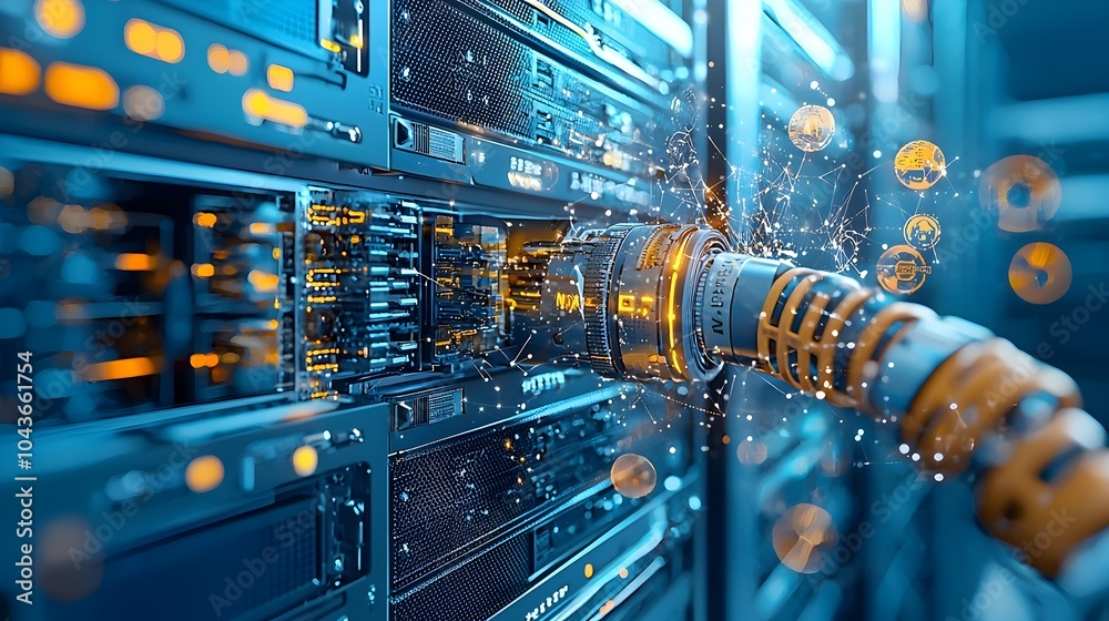 Aufkleber Detailed Cutaway View of the Interior of a High Tech Data Center Showcasing Servers Cooling Systems and Fiber Optic Cables that Power Critical IT Infrastructure and Data Processing