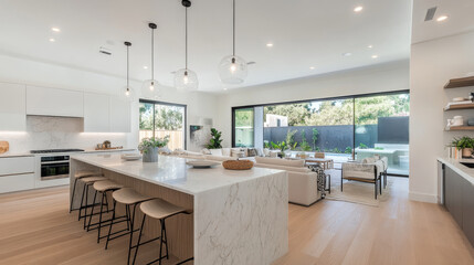 Modern kitchen with marble island, pendant lights, and open layout. space features cozy living area with large windows, allowing natural light and view of outdoor greenery