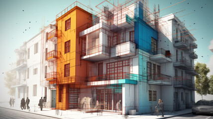 Obraz premium Abstract image of a multi-layered modern residential building, overlapping elements and translucent outlines on a sketch of a construction site and material, minimalistic
