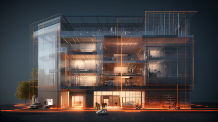 Spacious architecture apartment building Innovative solar panels integrated into the windows of a high-rise building, converting sunlight into electricity  modern apartment building with a sleek 

