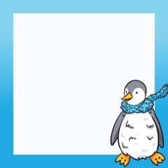 Penguin with blue scarf illustration isolated on copy spaced square paper template for prints design. Simple flat outlined cartoon art styled drawing.