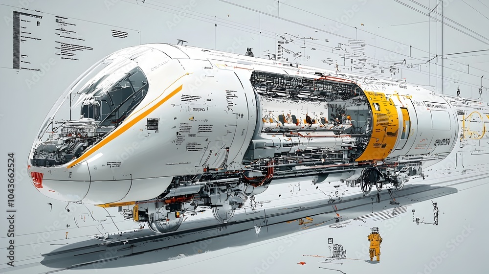 Poster detailed layered cutaway cross section of a streamlined high speed train showcasing its passenger co