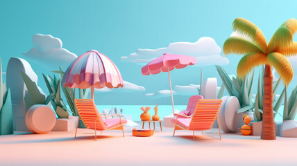 Obraz premium A tropical scene featuring a straw hat, sunglasses, seashells, and plumeria flowers against a vibrant blue background with palm leaves. magic summer background with copy space