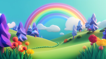 Fototapeta premium Ackgrounds landscape grassland panoramic. Vibrant Rainbow Arching Over Lush Green Forest After Gentle Rain Shower