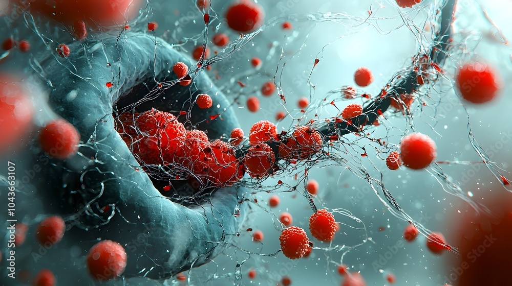Poster Detailed macro closeup shot showcasing the intricate structure and formation of a blood clot with the distinctive fibrin threads and coagulation patterns visible under high magnification