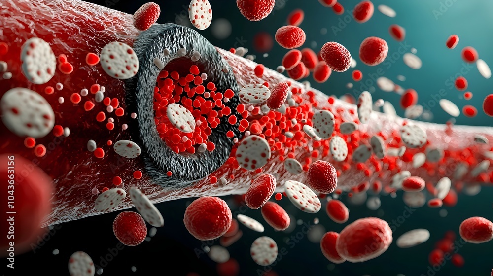 Poster detailed microscopic cross section of a blood vessel showcasing the flow and structure of platelets 